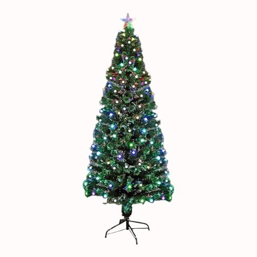 6Ft/180cm Fibre Optic Christmas Tree with Star Topper - LED Berries Balls Decorations - Pre-Lit Green Artificial Xmas Tree - Multicolor Changing Lights