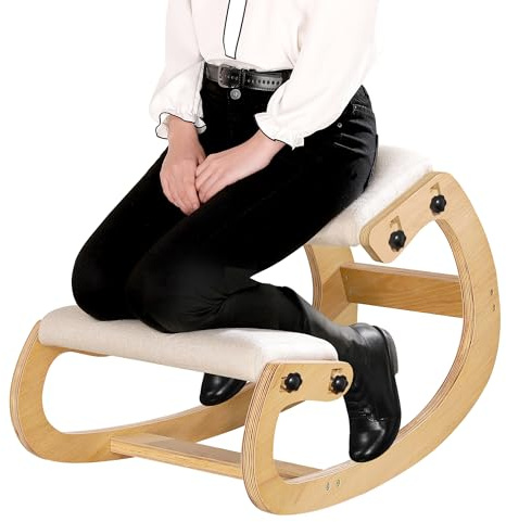 Predawn Ergonomic Kneeling Chair, Adjustable Height Rocking Posture Stool with Thick Cushions, Solid Wood Frame, for Home Office & Meditation, Supports Up to 265 lbs, White Oak