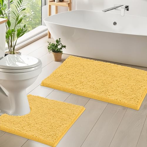 LuxUrux Bath Mat, Luxury Chenille (2-Piece) Bath Mat Set, Soft Plush Anti-Slip Bath Rug + Toilet Mat.1'' Microfiber Shaggy Carpet, Super Absorbent (Curved Set, Yellow)