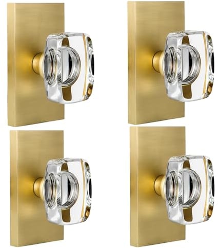 HIEMEY Glass Dummy Door Knobs Interior, Crystal Half Dummy Door Knobs for Closet, Hall, Bifold, Gold Door Knob Satin Brass (4Pack)