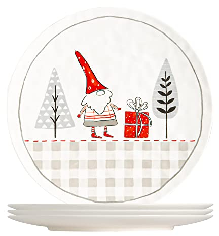 Nicola Spring Christmas Dinner Plates - Patchwork Design - 24.5cm - White - Pack of 4 - Reusable Novelty Festive Decorative Xmas Serving Tableware Christmas Plates for Party Gatherings