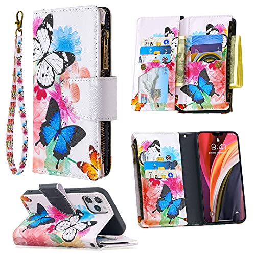 nancencen für iPhone 11 Pro (5.8) Handyhülle, Stoßfeste Etui Premium Druck PU Lederhülle Reißverschluss Portemonnaie Stil Flip Cover Schutzhülle - Weißer Schmetterling