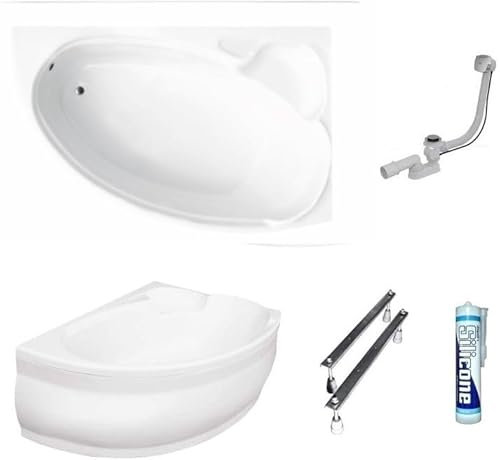 ECOLAM Baignoire d'angle en acrylique Finezja 140x95 cm | version droite | tablier en acrylique | pieds siphon et silicone| baignoire confortable | set complet