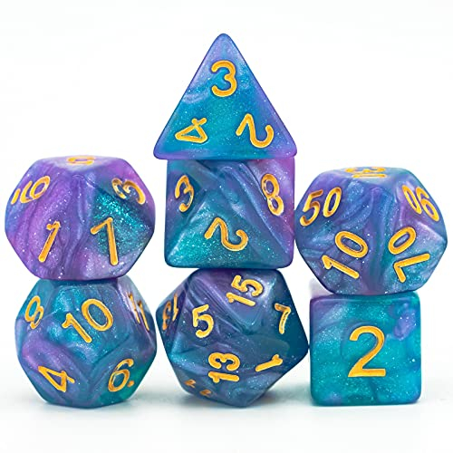 World of Dice Orion-Serie - Pen and Paper Würfel, 7-teiliges Würfelset, W20, W12, W10, W10.0, W8, W6, W4, Rollenspiel-Würfel, für Dungeons and Dragons und weitere RPG (blau-lila-Mix)