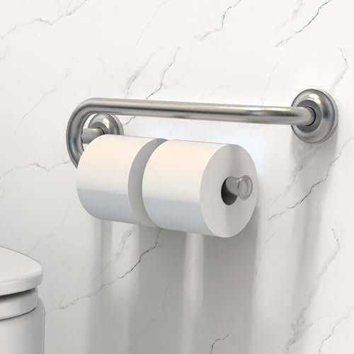 AquaChase Haltegriff mit integriertem Toilettenpapierhalter für 2 Mega-Rollen (Küchenpapierhalter oder Badezimmer-Handtuchhalter), 40.6 cm Bolzenhalterung, gebürstetes Nickel, links