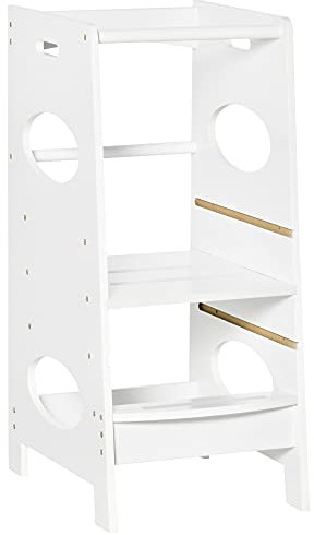 HOMCOM Lernturm für Baby Tritthocker Schemel Stehender mit 3 Stufen Küchenhelfer für 3+ Jahre Kinder Jahre Sicherheit Bad Schlafzimmer Küche Weiß 40 x 50 x 90 cm