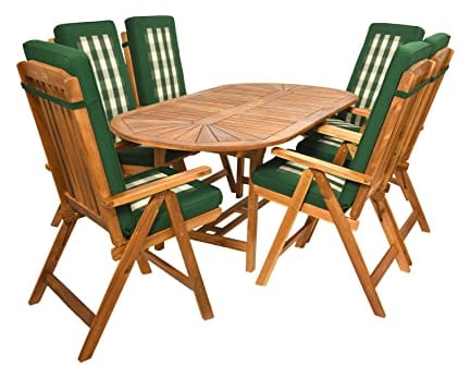 Rattanland | Gartenmöbel Set Bristol mit 6 Stühlen Bristol - Exotenholz, Akazie mit FSC-Zertifikat (Grün-weißes Premium-Kissen), 195 x 90 x 72 cm Tisch, (GSB66)