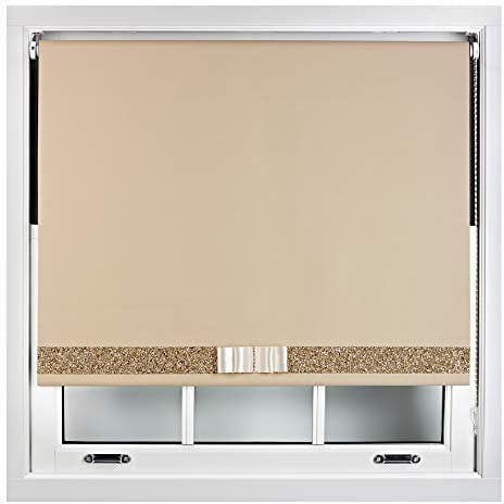 FURNISHED Blackout Roller Blinds Decorative Glitter Fabric & Bow - Trimmable - Cappuccino 170W x 165H cm