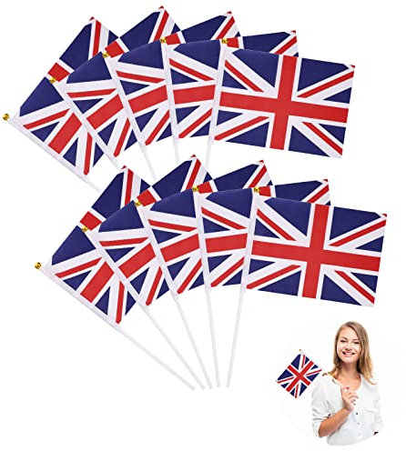 Bandera británica Union Stick,Gran Bretaña Mini Bandera portátil,Bandera UK,Pequeña bandera UK,mini bandera UK,para celebraciones nacionales y del Día de los Caídos,14X21cm,10 piezas
