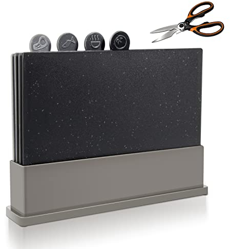 MASTERTOP Ensemble de 4 Planches à Découper Index, Planche à Découper Plastique Antidérapant avec Etui de Rangement, pour Préparation Séparée des Différents Aliments (Gris Dégradé)