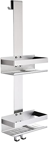 KigKog® Duschregal zum Hängen,2-Store Duschablage zum Hängen Gebürstetes Nickel, SUS304 Edelstahl Doppelt Duschkorb Hängeregal zum Einhängen mit Haken für Glas-Duschabtrennung, K07-23BN-2GL