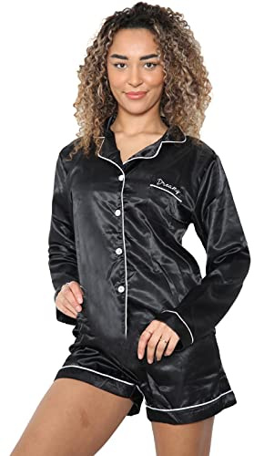 True Face Womens Pyjamas Ladies Satin Pyjama Set Women Pjs Shorts Nighty Sleepwear Long Sleeve Button-Down Shirt Girls Nightwear Loungewear Top Bottom Black - Without Eye Patch S