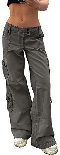 Damen-Cargo-Jeans, gerade, weites Bein, Vintage, Pattentasche, Cargohose, Baggy-Y2K-Hose, Grau, Groß