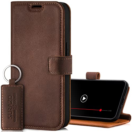 SURAZO Premium Handyhülle für Samsung Galaxy A54 Hülle Leder – Klappbare Echtleder Schutzhülle [Magnet, Kartenfach, RFID Schutz, Standfunktion] Flip Klapphülle Wallet Case Cover Lederhülle (Nussbraun)