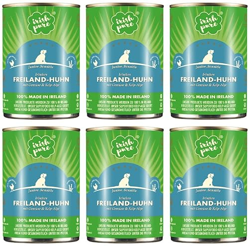 Irish Pure Premium Junior Nassfutter für Hunde | 6 x 390g | irisches-Huhn | Vitamine | Getreidefrei | Sensitiv | mit Superfood Kelp-Alge | Nassfutter für alle Rassen