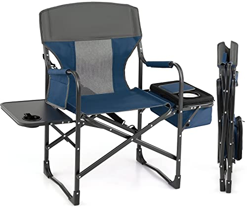 GOPLUS Campingstuhl Faltbar, Klappstuhl Gepolstert mit Seitentisch & Seitenfach & Kühltasche, Angelstuhl Faltstuhl mit Armlehnen 180 belastbar, Outdoorstuhl Regiestuhl für Camping, Picknick (Blau)