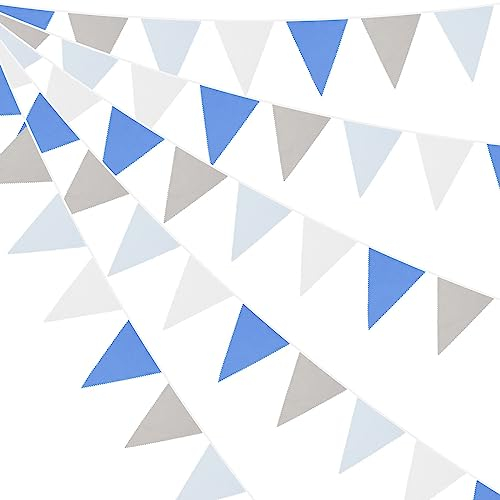 Wimpelkette, 10 m, mehrfarbig, dreieckige Flagge, Wimpelkette, Wimpelkette, Girlande für Hochzeit, Geburtstag, Party, Dekoration (blau, grau, weiß)