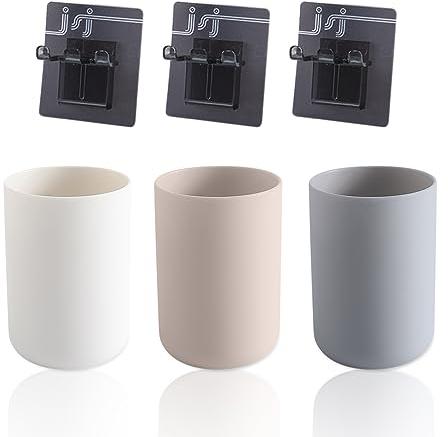 3 Mundspülbecher Mit 3 Zahnbürstenaufhängern, Zahnputzbecher Aus Lebensmittelechtem Kunststoff, Badezimmer-Zahnbürstenhalter, Aufbewahrungsbox Für Zubehör (Weiß, Grau, Kaffeefarben)