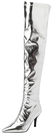 Stivali da donna in metallo al ginocchio da discoteca con tubo in acciaio stivali da ballo sexy tacco alto cerniera stivali al ginocchio sopra stivali mantello nastro coscia stivali, Argento, 39.5 EU