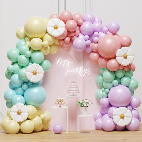 Luftballon Girlande Bunt, 136 Stück Pastell Ballon Girlande mit Gänseblümchen Folienballons, Regenbogen Luftballons für Geburtstagsdeko Mädchen, Baby Shower Deko, Baby Party Dekoration, Hochzeit