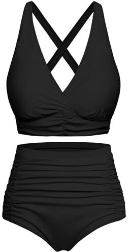 Svanco Costume da Bagno Due Pezzi Donna Top Bikini Incrociato Slip A Vita Alta E Increspato Set Bikini Push Up Donne Costumi da Bagno Nero XL