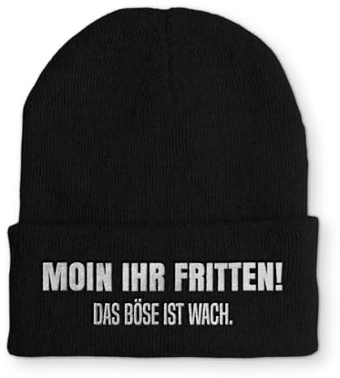 Moin Ihr Fritten! Spruchmütze Strickmütze Wintermütze lustige Beanie mit Stick OneSize Mütze, Farbe: Black
