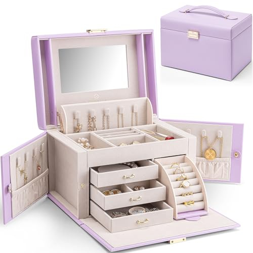 Vlando Grande boîte à bijoux pour femme, en cuir synthétique, avec miroir et 3 tiroirs, organiseur de boucles d'oreilles, bagues, colliers, bracelets, broches, montres