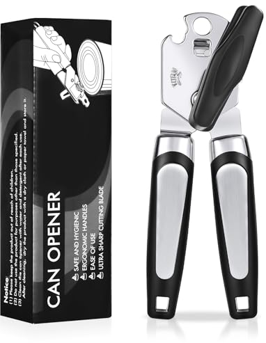 Tin Opener, Lychico 3-in-1Can Opener Handheld Heavy Duty Stainless Steel Can Openers with Multifunctional Bottle Opener, Black