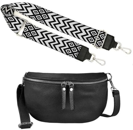 Made in Italy OBC Damen Set Gürteltasche + Schultergurt Leder Crossbody Hüfttasche Bauchtasche Umhängetasche Brusttasche Crossover Bag Schultertasche Handytasche Geldtasche Schwarz-Weis S (25cm)