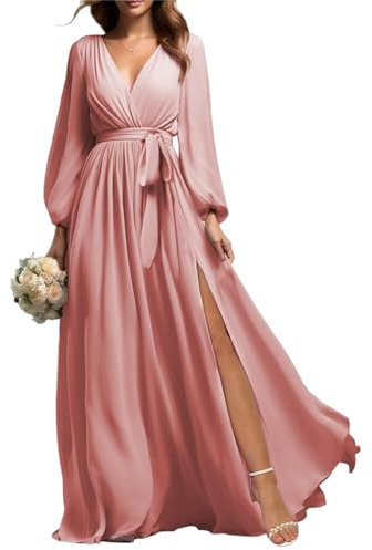 KURFACE Robes de demoiselle d'honneur à manches longues avec fente pour femmes en mousseline de soie col en V robe de soirée formelle WSX506, vieux rose, 36
