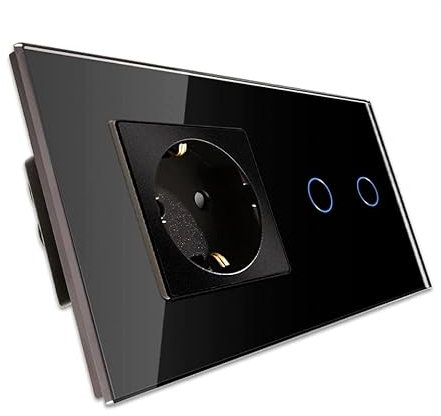 PULSAR Touch Lichtschalter Doppelt mit Steckdose 2 Fach Glas Schwarz - Serienschalter Touch Lichtschalter 110V - 240V mit Status-LED - Schuko Steckdose Unterputz 230V 16 A