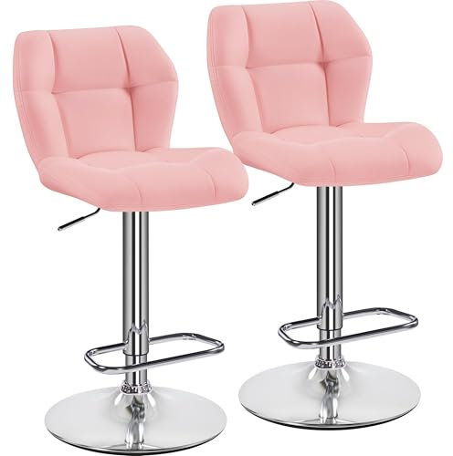 Yaheetech Barstools Set of 2, PU Leather Pink Chairs, Height Adjustable Breakfast Barstools for Home Kitchen, Restaurant