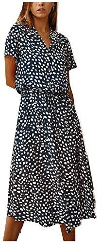 Kleider Damen Sommer Lang mit Arm Kleid Punkte A Linie Damen Sommerkleid Kurzarm Elegant Sommerkleider mit Knopfleiste Stehkragen Strandkleid Luftig Midi Gepunktetes Kleid mit Gürtel