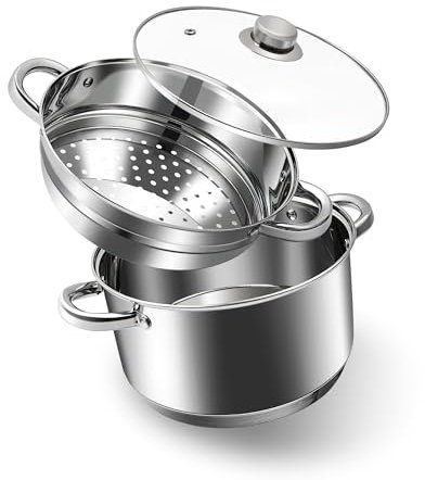 AuFranc® Suppentopf und Dampfgarer aus 18/10 Edelstahl, dreilagig, 4 l, mit Deckel aus gehärtetem Glas, Mehrzweck-Dampfgarer, kompatibel mit allen Herdarten und ungiftiger Suppentopf, ofen- und