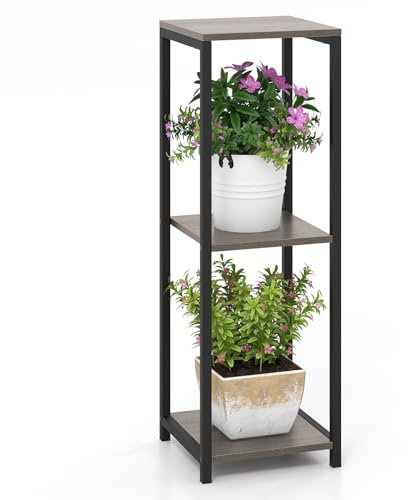 COSTWAY 3 Tier Tall Metal Plant Stand, Corner Plant Holder with Anti-tipping Devices, Freestanding Display Shelf Square Flower Pot Organizer (without Drawer)