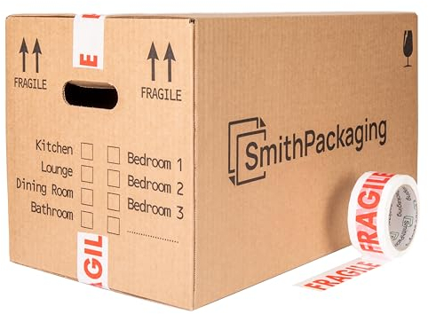 SmithPackaging 10 Large Strong Cardboard Packing Moving House Boxes with Fragile Tape 51cm x 29cm x 29cm Carry Handles and Room List