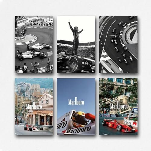 LONGRUi - 6er Set Schwarz-Weiß-Retro-F1-Renn-Poster, Wandbild, Poster für Wohnzimmer, Schlafzimmer, Küche, Büro, Hotel, Restaurant, Bar