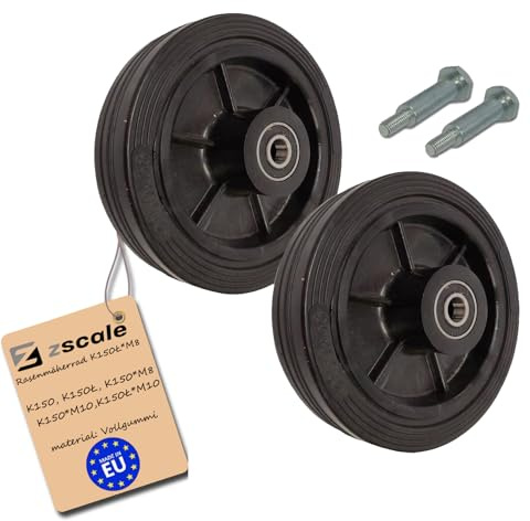 Rasenmäherrad Ø150 mm – schwarzes Ersatzrad aus Vollgummi, robustes Kunststoffrad mit Kugellager für Rasenmäher, mit Montage-Set, Code: K150LL*M8