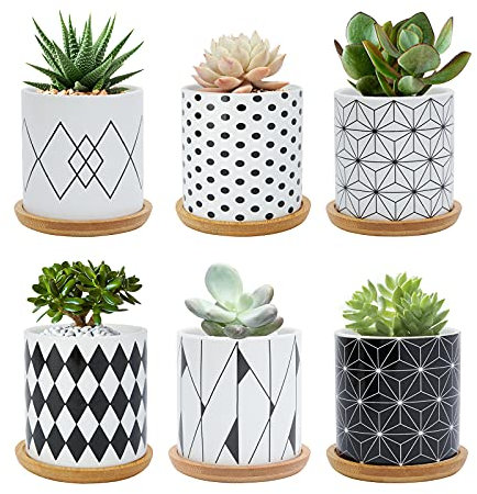 FORAGIFT Maceta para suculentas de 7,5 cm, maceta de cerámica con patrón geométrico de cactus, macetas pequeñas para plantas de interior y exterior con bandeja de bambú, ideal para decoración de