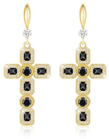 Linawe Kreuz Ohrringe Lang Hängend, Ohrringe Schwarz Damen, Gold Damenohrringe Schmuck Set, Kreuz Anhänger Ohrhänger Tropfen Ohrringe, Kristall Strasssteine Geburtsstein Modeschmuck