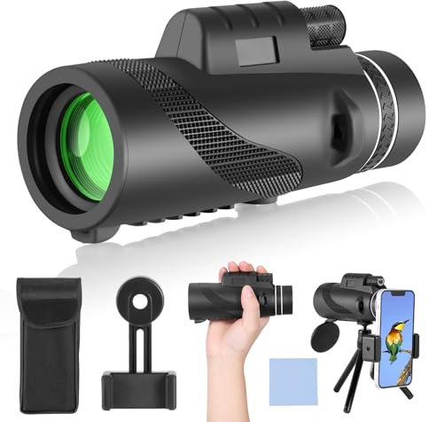 PAHTTO Monocular 80 x 100 zoom, monocular telescopio monocular con soporte para smartphone y trípode elástico, telescopio monocular impermeable para observación de aves, caza, viajes, conciertos