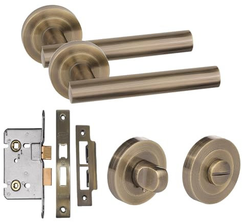 Golden Grace Straight T-Bar Design Bathroom Door Handle Set Thumbturn and Mortise Lock Antique Brass