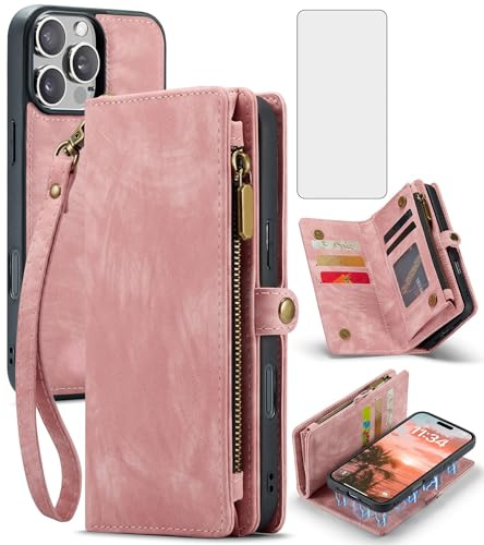 Asuwish Phone Case for iPhone 16 Pro 6.3 inch Zipper Wallet Magnetic Detachable Cover with Tempered Glass Screen Protector and PU Leather Flip Cash Card Holder Cell i Phone16 i16 16Pro Women Men Pink