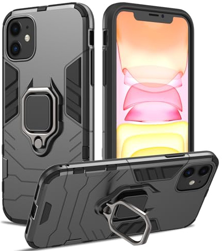 Cover per iPhone 11, Custodia per Tutto il Corpo, Copertura Antiurto con 360°Magnetica Anello, Protettiva Rigida con Fotocamera Protettivo (Nero)