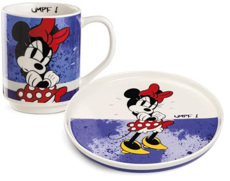 Egan Beilagenteller + stapelbares Tassen-Set – Mickey & Minnie Mouse I AM Collection | Neues Knochenporzellan | Spülmaschinen- und mikrowellengeeignet | Frühstückskaffee & Snack-Set | Geschenk für