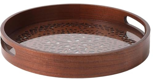 Round Serving Bowl - Wooden Exhibition Kitchen Top | Vintage Wooden Dish for Cake Candles Flower Decor Coffee Table Piece for Entrance Parties Weddings Dining Room Styling