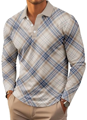 Mens Long Sleeve Polo Shirts Print Casual Vintage Classic Golf Shirt