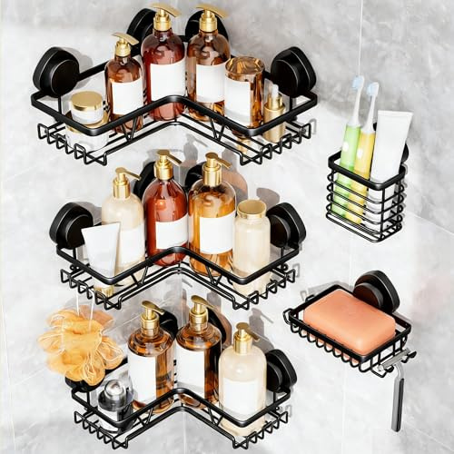 KEGII Suction Shower Caddy Corner - 5 Pieces Suction Cup Shower Shelf with Soap Dish & Toothbrush Holder, Black Bathroom Organiser for Bath, Kitchen, Laundry Room Storage