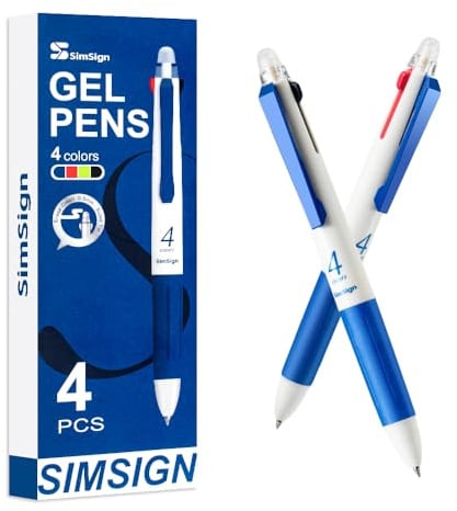 SimSign Radierbarer Kugelschreiber 4 Farben (Blau, Schwarz, Rot, Grün), 0.5mm Radierbare Stifte Mehrfarbig mit Radiergummi, Tintenroller Radierbar, Erasable Pen, für Büro, Schule & Zuhause, 4er Pack