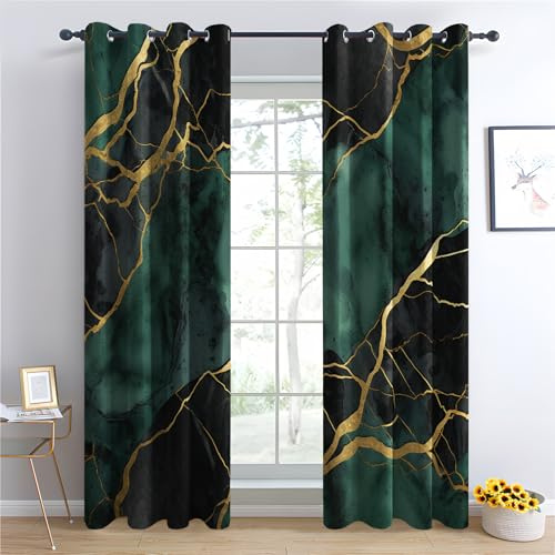 QEODAH Marmor Vorhänge Smaragdgrün Gold Modern Luxus Vorhang Blickdicht mit Ösen, Verdunkelungsvorhang Gardinen für Schlafzimmer Wohnzimmer Fenster Deko, Blackout Curtain 2er Set H 200 x B 140 cm